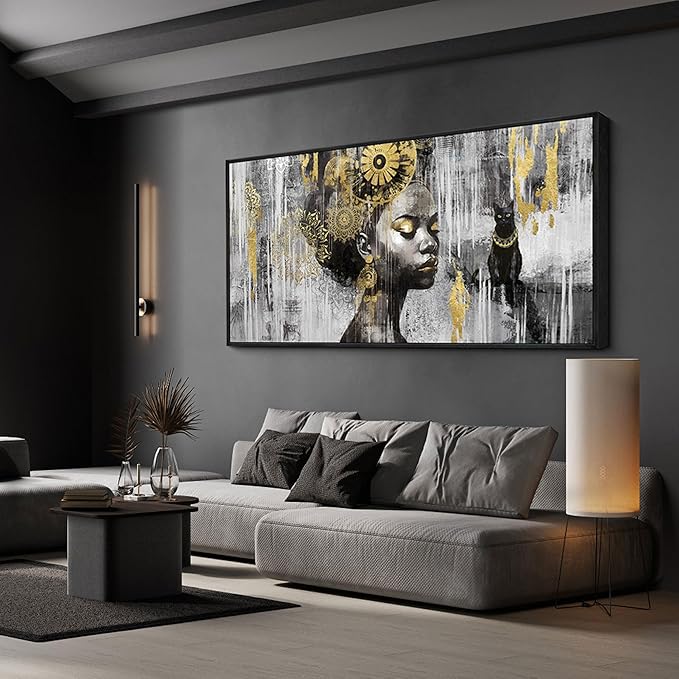 KLAKLA Large Black Wall Art - African American Black Girl Wall Art Colorful Black African Woman Black and Gold Canvas Picture Framed Wall Decor for Living Room Bedroom Home Decoration