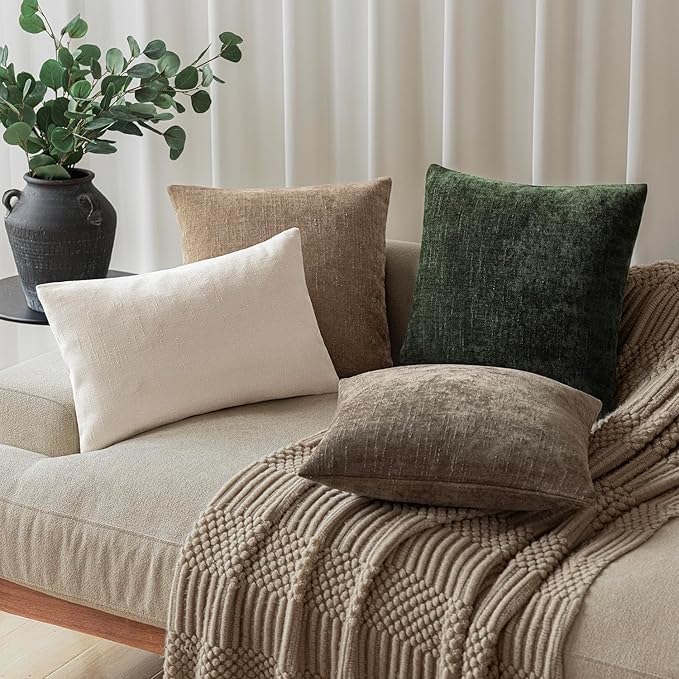 Foindtower Pack of 2 Soft Textured Chenille Throw Decorative Pillow Covers Square Accent Solid Cushion Cover Neutral Farmhouse Pillow Case for Couch Sofa Bedroom Living Room 16x16 Inch,Dark Green