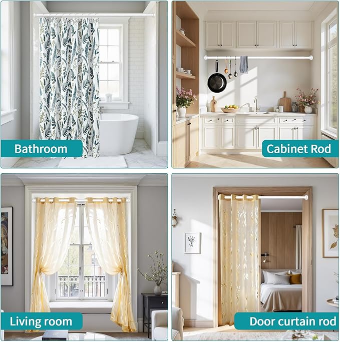 YNL Shower Curtain Rod 34-82 Inches (2.8-6.8ft) Adjustable Spring Shower Rod No Drilling, Non-Slip, Never Rust, Stainless Steel, Suitable for Bathroom Window Living room, White