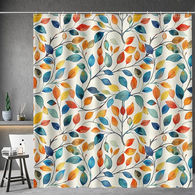 Aimego Spring Colorful Shower Curtain -Summer Nature Botanical Watercolor Plant Leaves Floral Fabric Cloth Bath Shower Curtain Set with 12 Hooks for Bathroom Decor Accessories, 72"x72"