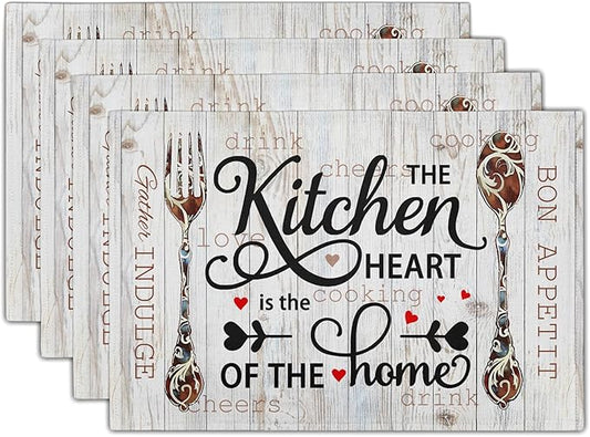 Giwawa The Kitchen is The Heart of The Home Placemats Set of 4, 12x18 Inch Farmhouse Vintage Style Cooking Sets Linen Table Place Mats Non-Slip Heat Resistance for Kitchen Dining Party Decor