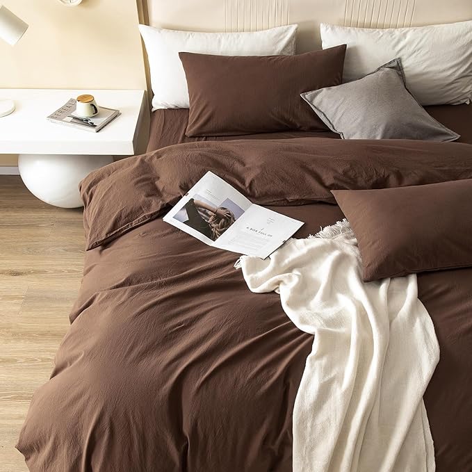 JIYUAN 100% Washed Cotton Duvet Cover Set 2 Pieces Twin, 1 Duvet Cover 68x90 Inches(Comforter Not Included) and 1 Pillowcases,Linen Feel Bedding Set Comfy and Breathable,Chocolate Brown