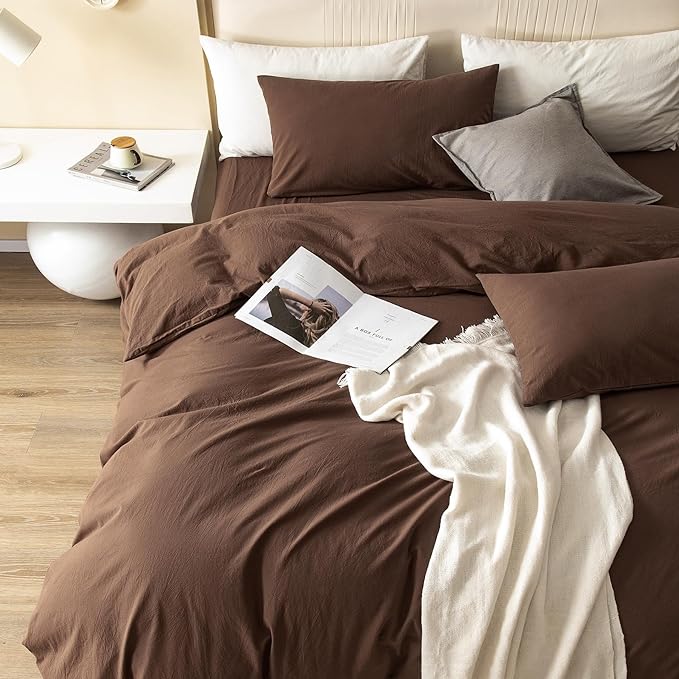 JIYUAN 100% Washed Cotton Duvet Cover Set 3 Pieces Cal King, 1 Duvet Cover 104x98 Inches(Comforter Not Included) and 2 Pillowcases,Linen Feel Bedding Set Comfy and Breathable,Chocolate Brown