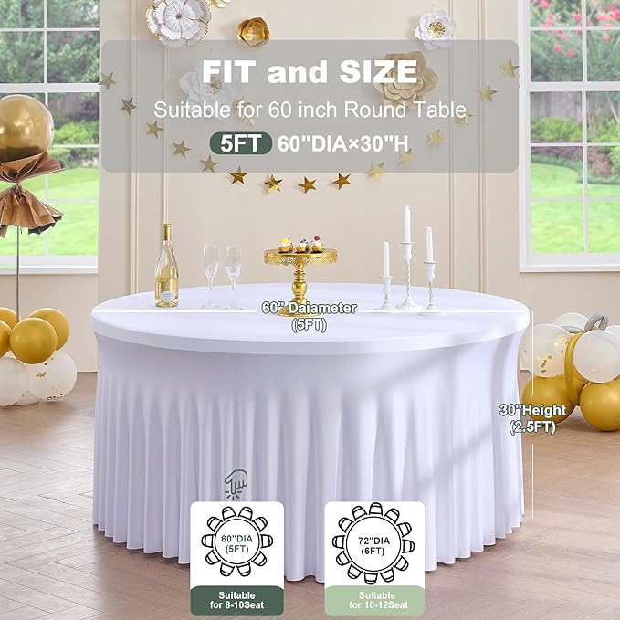 Outpain 2 Pack White Round Spandex Tablecloths for 60in Tables, 120Inch Stretchy Fitted 5FT Round Table Clothes,Wrinkle Free Table Cover with Skirt for Wedding Party Banquet Baby Shower