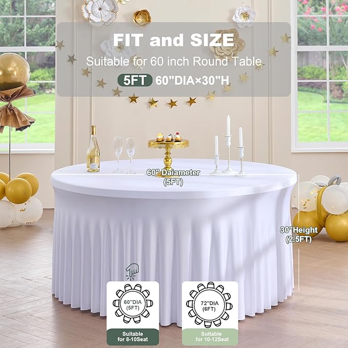 Outpain 12 Pack White Round Spandex Tablecloths for 60in Tables, 120Inch Stretchy Fitted 5FT Round Table Clothes,Wrinkle Free Table Cover with Skirt for Wedding Party Dining Banquet Baby Shower