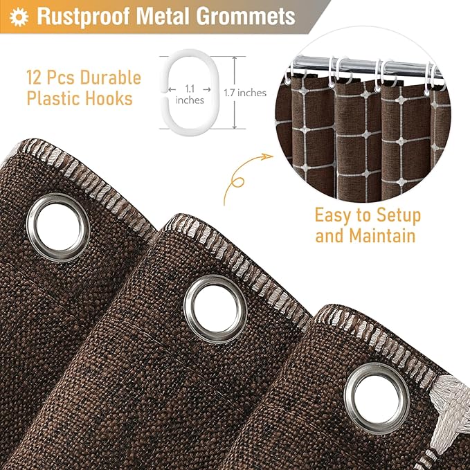 BTTN Boho Farmhouse Shower Curtain - Linen Rustic Heavy Duty Fabric Shower Curtain Set with Tassel, Water Repellent, Bohemian Vintage Country Thick Cloth Shower Curtains for Bathroom - Brown - 72x72