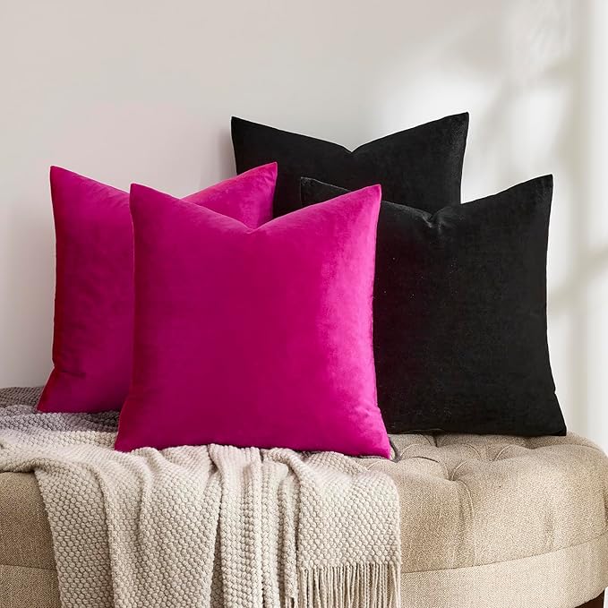 GIGIZAZA Pillow Covers 16x16 Set of 4,Black Hot Pink Velvet Soft Pillow Covers Decorative Square Modern Pillows Cushion Cases for Living Room