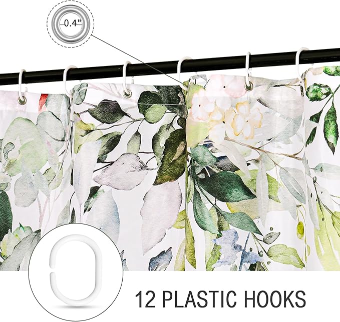 Gibelle Long Shower Curtain 72 x 78, Tall Sage Green Floral Fabric Shower Curtain, Watercolor Plant Eucalyptus Leaves Bathroom Curtains Shower Set with Hooks