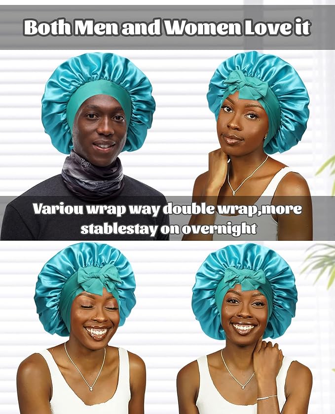 Satin Bonnet Silk Bonnet for Sleeping Silk Sleep Cap Double Layer Hair Bonnet with Elastic Tie Band for Curly Hair Night Cap (Peacock green+Wheat green)