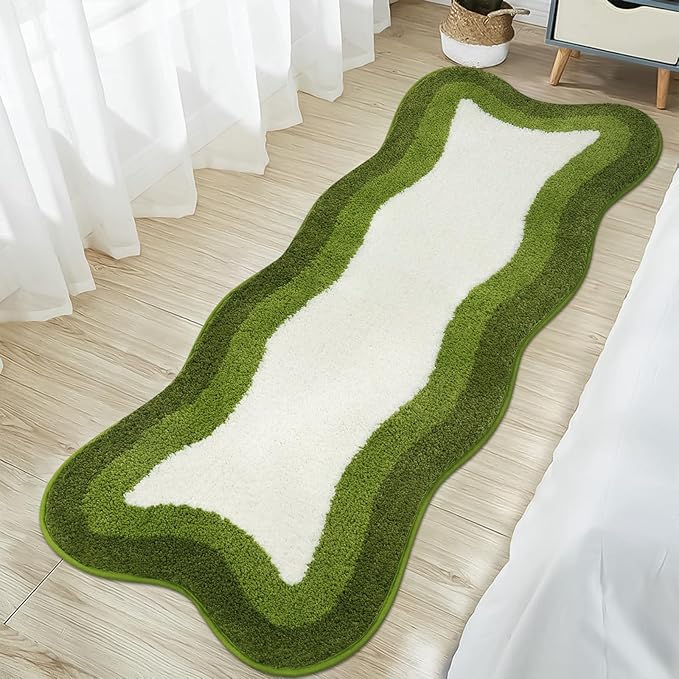 HAOCOO Bathroom Rugs Runner 18x47 inch, Non Slip Soft Green Rug Irregular Shape Bathroom Mats, Washable Absorbent Long Bathroom Rugs for Bedroom Aesthetic Bathtub Sink Shower
