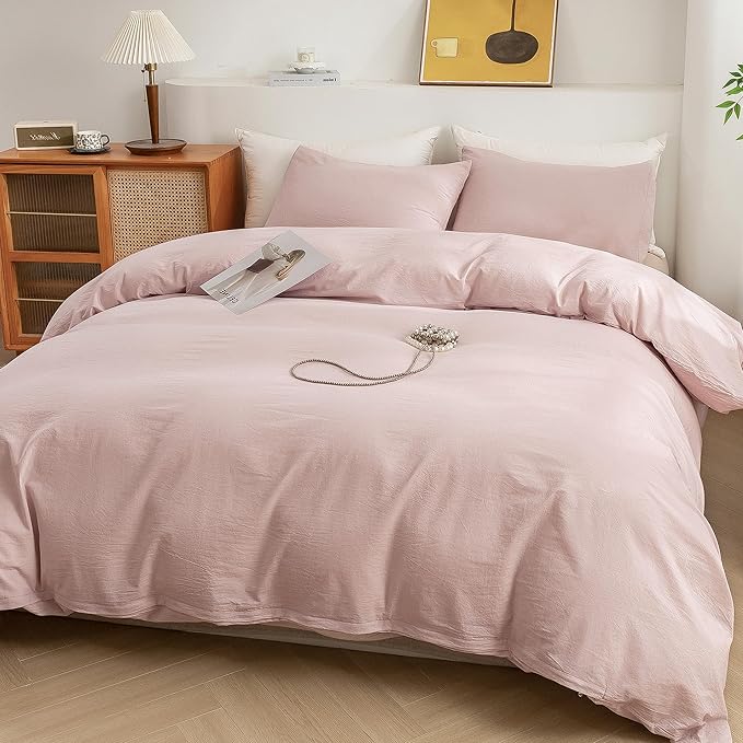ECOCOTT Duvet Cover Set, 100% Washed Cotton Linen-Like Textured Soft & Breathable, Durable Comfy Bedding Set for All Seasons Twin Size (Greyish Pink)