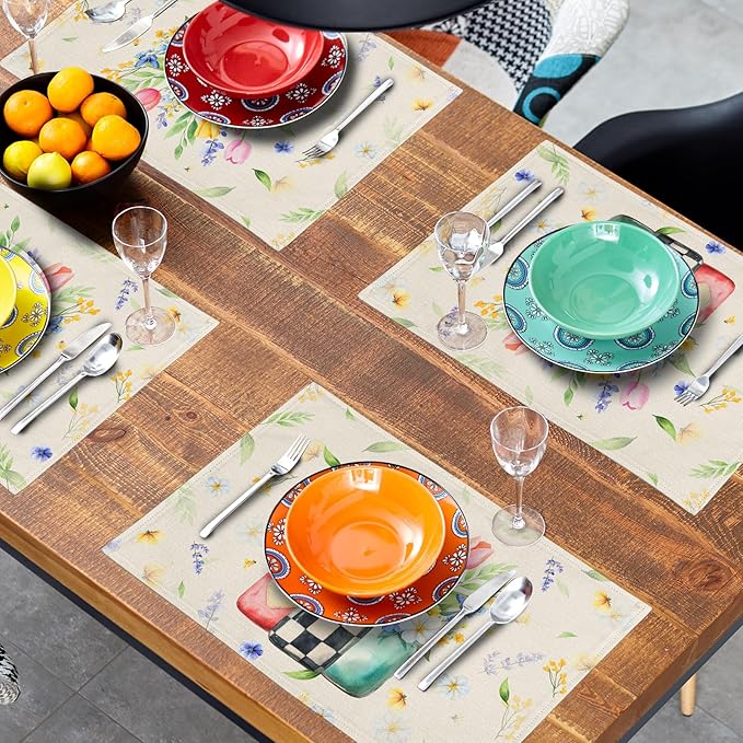 Giwawa Spring Flower Vases Placemats Set of 4 Watercolor Floral Mason Jar Place Mat 12x18 Inch Wildflower Botanical Plant Table Mats Heat Resistance for Kitchen Dining Party Picnic Decor