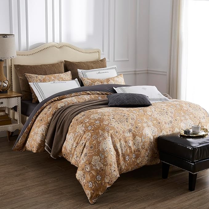 mixinni Long Staple Cotton Percale Golden Paisley Duvet Cover Queen Size Boho Floral Pattern 3 Pieces Soft Aesthetic Bedding Set for Him and Her, 1 Duvet Cover and 2 Pillowcases for All Seasons