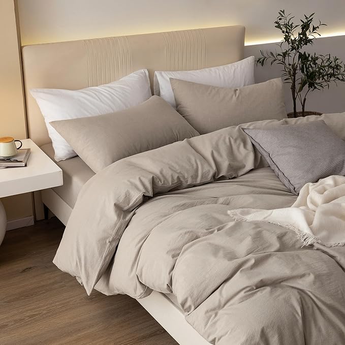 JIYUAN 100% Washed Cotton Duvet Cover Set 3 PCS Cal King, 1 Duvet Cover 104"x98" (Comforter Not Included) and 2 Pillowcases,Linen Feel Bedding Set Comfy and Breathable, Heathered Tannish Linen Grey