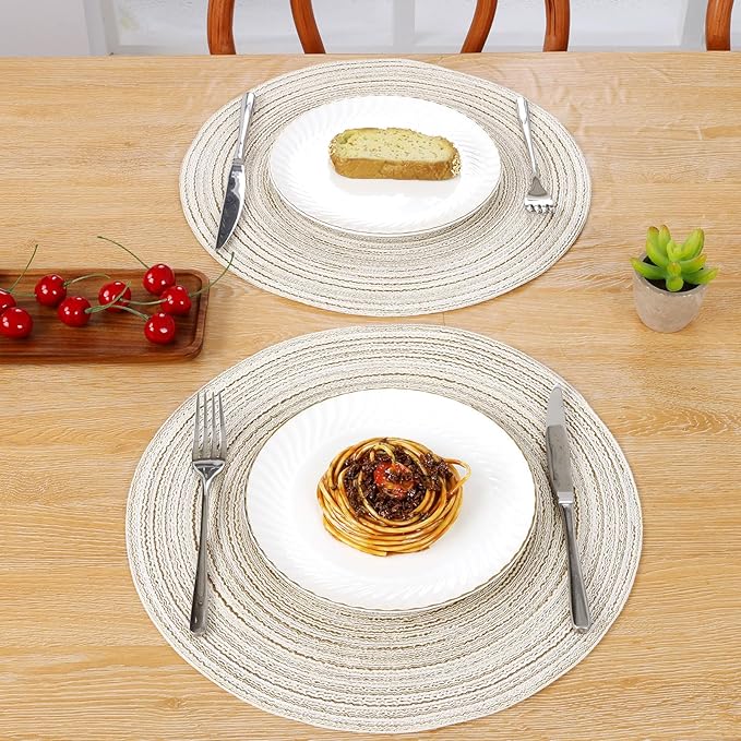 SHACOS Round Placemats Set of 6 Braided Circle Place Mat Washable 15 inch Table Mats for Kitchen Dining Table Decor Mixed Color (Ivory, 6)