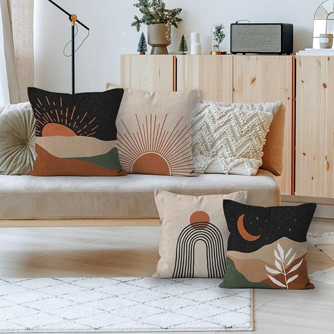 HIWX Boho Pillow Covers, Sun Moon Mountains Decorative Outdoor Throw Pillow Covers, Modern Sunshine Sunrise Landscape for Bedroom Home Decor - Set of 4, 18 x 18