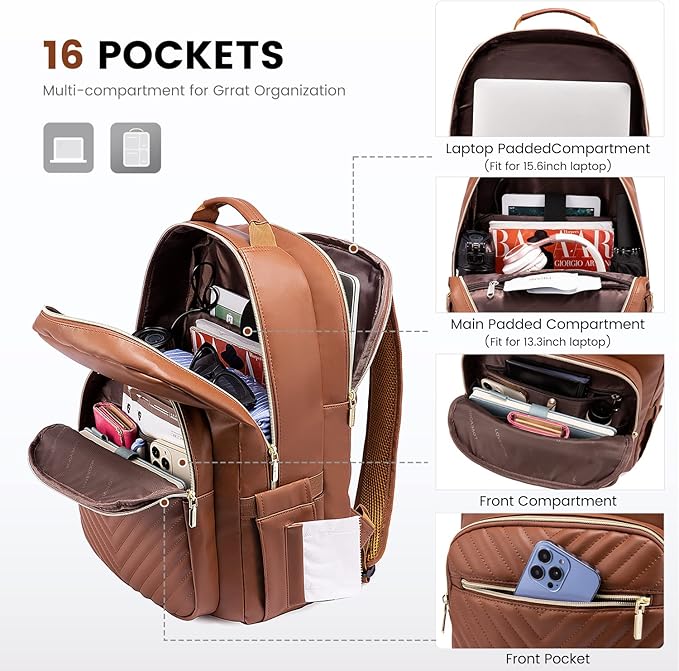 LOVEVOOK Laptop Backpack Purse for Women, Large Capacity Travel Computer Work Bag, Faux PU Leather Quilted Casual Nurse Backpack for Womens, Fit 15.6 Inch Laptop with USB Port, Brown