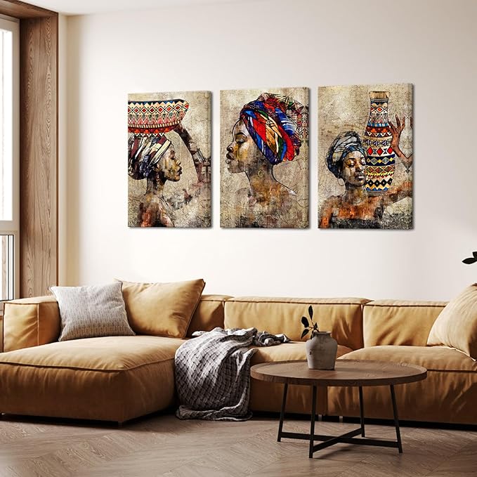 Biuteawal 3 Pieces African American Wall Art Tribal Black Girl Ethnic Style Picture Vintage Brown Artwork Abstract Painting for Bedroom Home Decor Stretched and Framed Ready to Hang