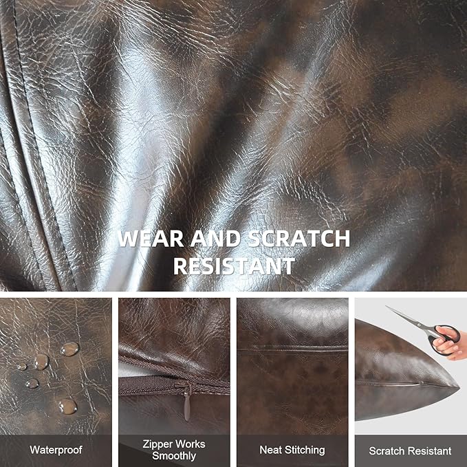 Faux Leather Throw Pillow Cover 18X18 Inch Set of 2 Outdoor Modern Farmhouse Solid Decorative Pillow Covers for Room Couch Living Bedroom Bed Sofa