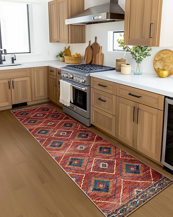 Area Rug 2x8 Rug Machine Washable Non-Slip Low Pile Print Pattern Western Rug for Living Room Bedroom Entryway Tribal Series -Red/Orange