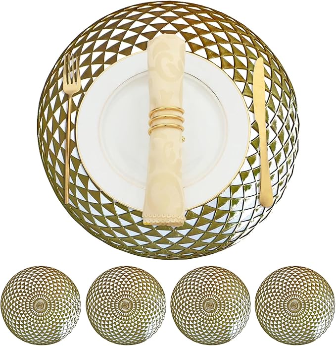 Vinyl Round Placemats Set of 4 - Non Slip Place Mats Ideal for Indoor and Outdoor Dining Table - Washable and Heat Resistant Table Mat for Kitchen Tables (Hunter Gold)
