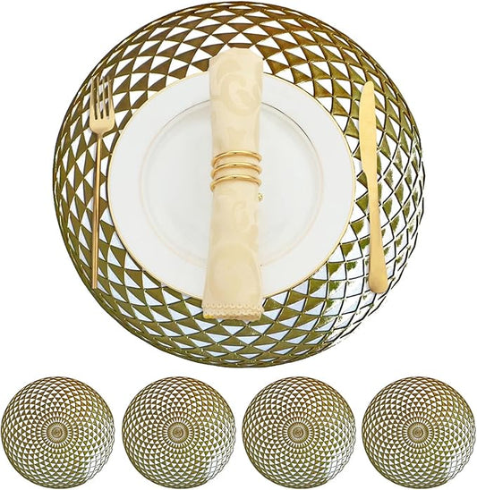 Vinyl Round Placemats Set of 4 - Non Slip Place Mats Ideal for Indoor and Outdoor Dining Table - Washable and Heat Resistant Table Mat for Kitchen Tables (Hunter Gold)