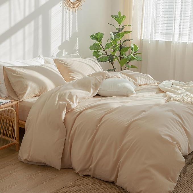 MooMee Bedding Duvet Cover Set 100% Washed Cotton Linen Like Textured Breathable Durable Soft Comfy (Solid Sandy Beige, Cal King 104"x98")