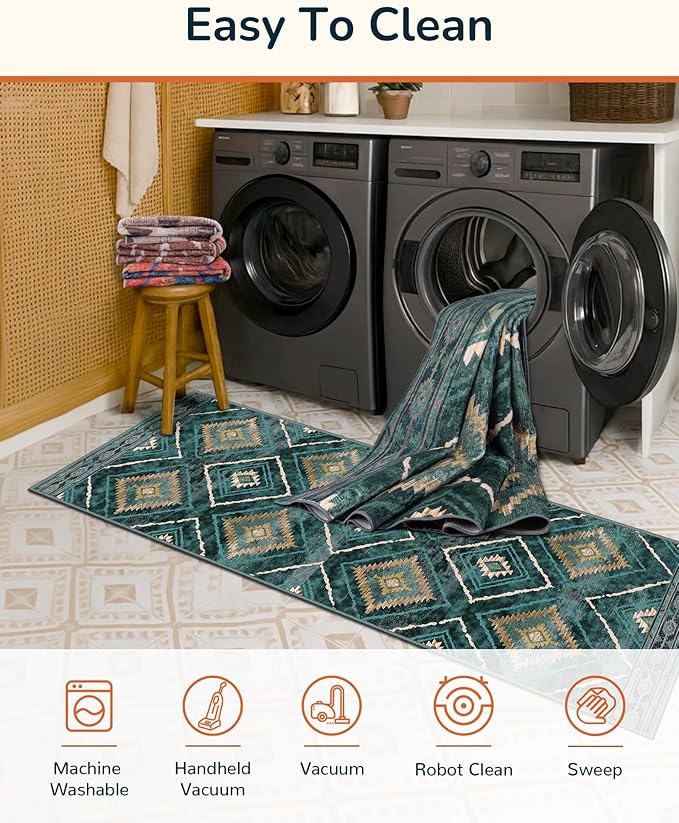 Area Rug 8x10 Rug Machine Washable Non-Slip Low Pile Print Pattern Western Rug for Living Room Bedroom Entryway Tribal Series -Teal/Green