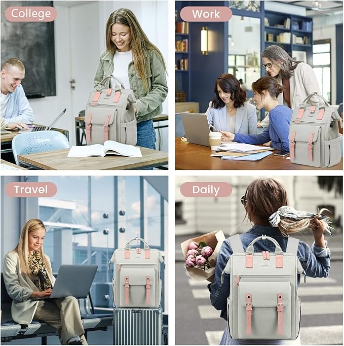 LOVEVOOK Laptop Backpack for Women School Work Travel Backpack Purse, College Bookbag Nursing Backpack Business Computer Bag Doctor Nurse Bags, 15.6 Inch, Light Grey-pink