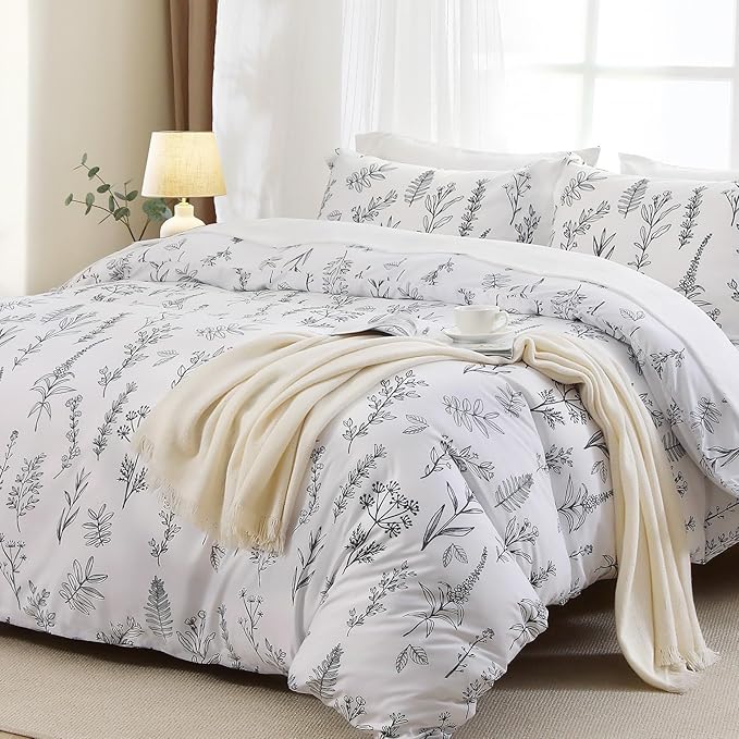 MUXHOMO Duvet Cover Full Size, Reversible Floral White Duvet Cover Set with Zipper Closure, 3 Pieces Botanical Patterns Soft Microfiber Bedding Set with 4 Ties