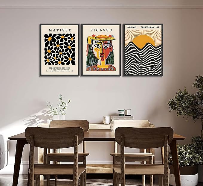 3 Pcs Picasso Matisse Bauhaus Wall Art Set Minimalist Geometric Canvas Paintings Orange Black Modern Minimalist Wall Decor Prints Posters Pictures Living Room Gallery Bedroom Decoration (Unframed,