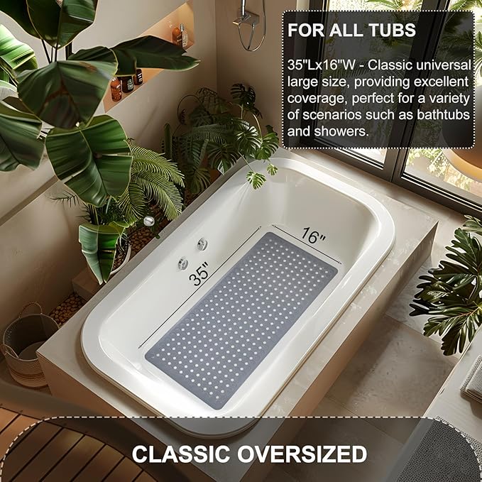 Bath Mat for Tub & Shower, Non Slip Soft Bathmat with Suction Cups & Drain Holes, Machine Washable Bathtub Floor Liner Mats for Bathroom, 35x16 Inch, Gray