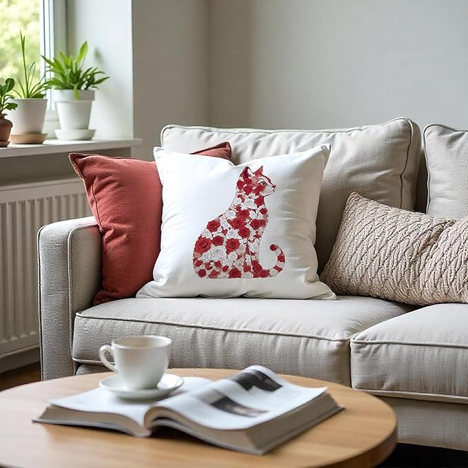 Red and White Rose Floral Cat Pillow Covers 18x18, Gifts for Cat Lovers Mom Lady Owners, Elegant Kitten Kitty Decorative Pillow Covers for Home Bedroom Living Room Decor, Pet Lover Gifts