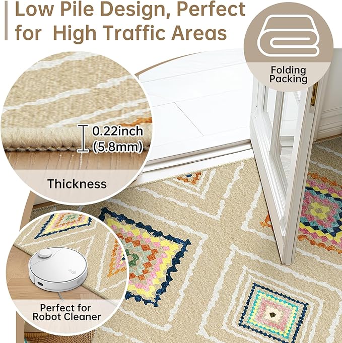 Area Rug 8x10 Rug Machine Washable Non-Slip Low Pile Print Pattern Western Rug for Living Room Bedroom Entryway Tribal Series -Cream/Beige