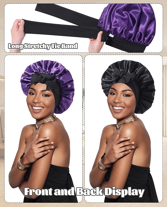 Satin Bonnet Silk Bonnet for Sleeping Silk Sleep Cap Double Layer Hair Bonnet with Elastic Tie Band for Curly Hair Night Cap(Black+Dark Purple)