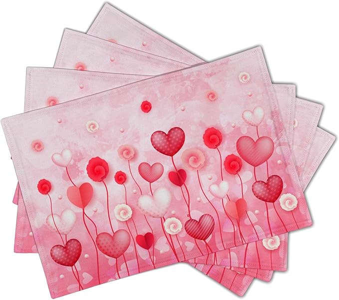 Giwawa Valentines Day Placemats Set of 4 12x18 Inch Red Love Hearts Flower Floral Decorative Place Mat Linen Heat Resistant Washable Table Mats for Kitchen Dining Holiday Wedding Anniversary