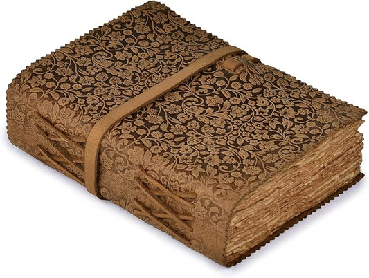 LEATHER VILLAGE Leather Bound Floral Embossed Journal for Women & Men - 200 Pages, 8”X6”(A5), Cappuccino - Book of Shadows, Vintage Blank Paper Travel Diary, Notebook for Writing, Drawing, Sketchbook