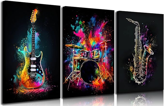 3pcs Musical Instrument Graffiti Canvas Wall Art Pop Music Instrument Style Wall Decor Pictures Rock Electric Guitar Jazz Drum Posters Prints for Teenagers Living Room Bedroom Home Decoration Framed
