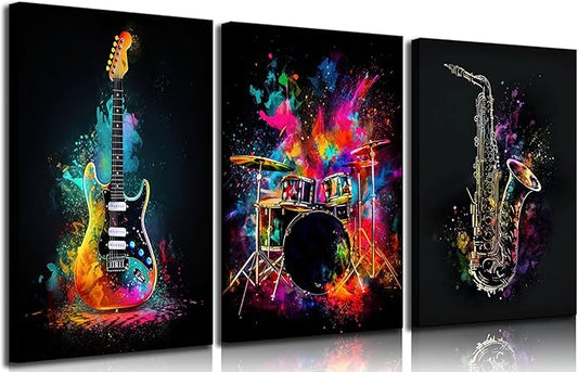 3pcs Musical Instrument Graffiti Canvas Wall Art Pop Music Instrument Style Wall Decor Pictures Rock Electric Guitar Jazz Drum Posters Prints for Teenagers Living Room Bedroom Home Decoration Framed