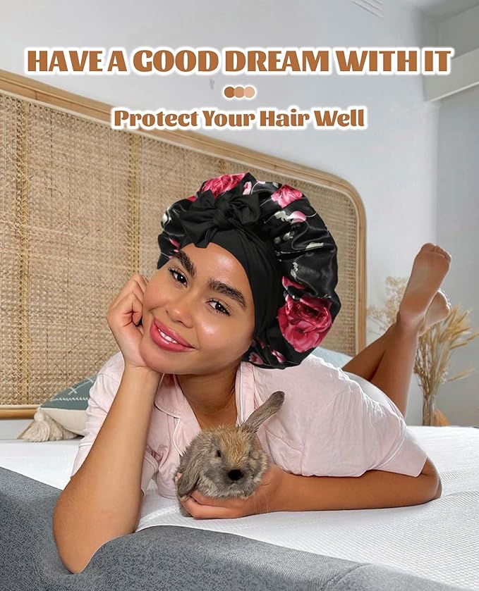 Satin Bonnet Silk Bonnet for Sleeping Silk Sleep Cap Double Layer Hair Bonnet with Elastic Tie Band for Curly Hair Night Cap (Black Flower + Black)