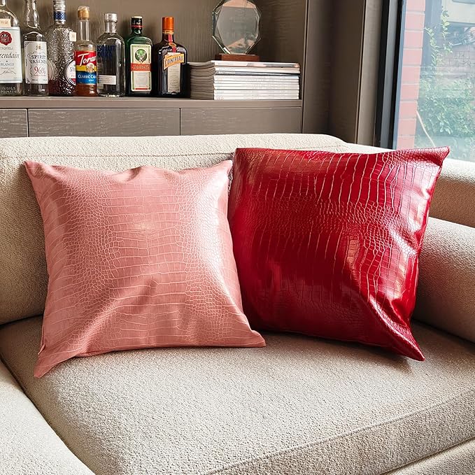 Faux Leather Throw Pillow Cover 16X16 Inch Set of 2 Christmas Red Outdoor Modern Solid Decorative Pillow Covers for Room Couch Living Bedroom Bed Sofa Party