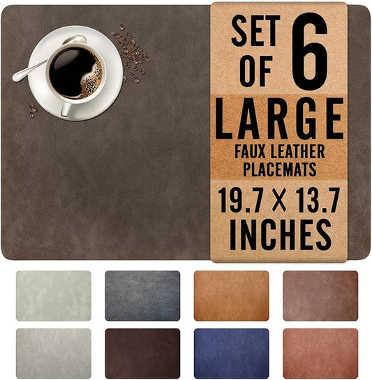UnivoColors Washed Cowhide Pattern Faux Leather Big Size Placemats Set of 6, Waterproof Easy to Clean Anti-Slip PU Table Mats for Party Decoration19.7″×13.6″,Black Brown Retro Cowhide Pattern