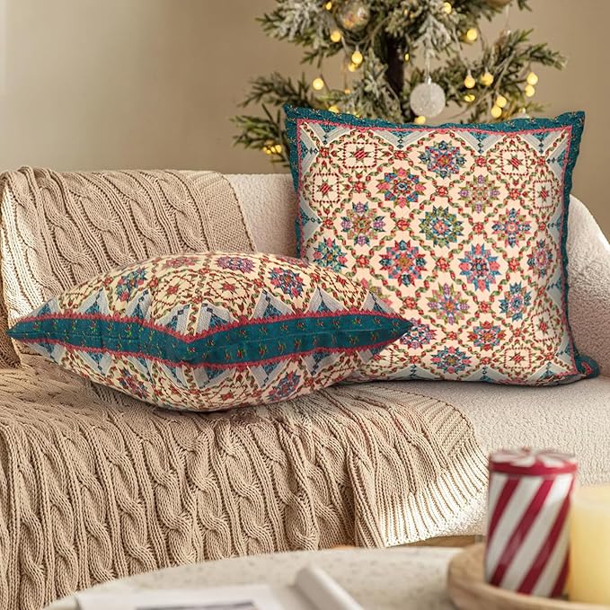 Boho Throw Pillow Covers 20x20 inch Set of 2,Boho Vintage Carpet Pattern Antique Ethnic Decor Double Sided Pattern Cushion Cover Soft Pillow Case Living Sofa Room Bed Square Pillow Cover