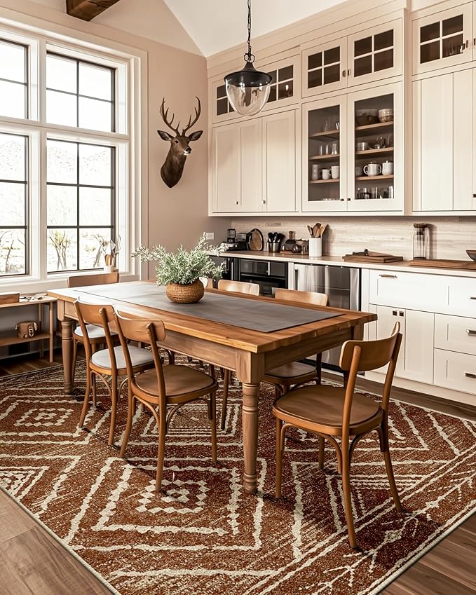 Area Rug 8x10 Rug Machine Washable Non-Slip Low Pile Print Pattern Western Rug for Living Room Bedroom Entryway Tribal Series -Yellowbrown/Cream