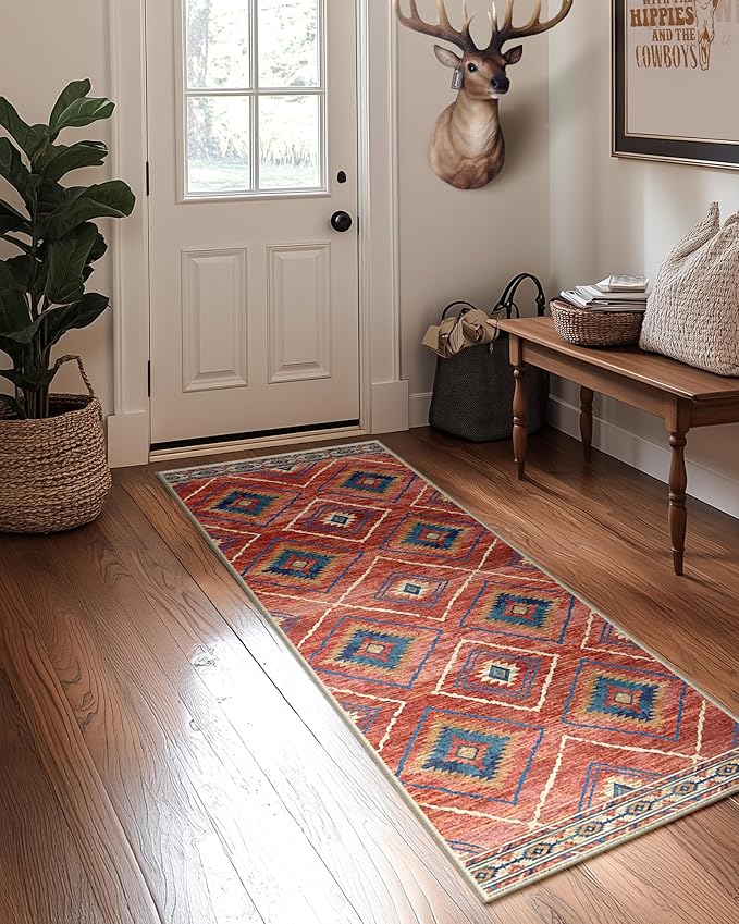 Area Rug 2x3 Rug Machine Washable Non-Slip Low Pile Print Pattern Western Rug for Living Room Bedroom Entryway Tribal Series -Red/Orange