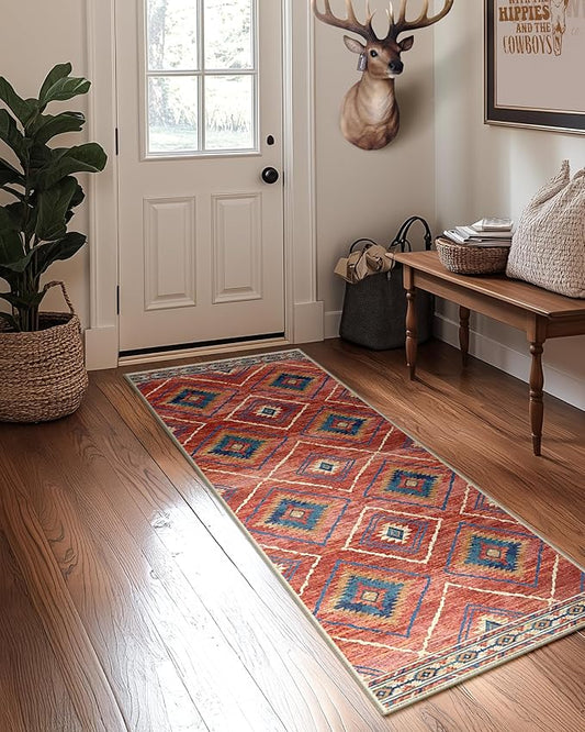 Area Rug 2x6 Rug Machine Washable Non-Slip Low Pile Print Pattern Western Rug for Living Room Bedroom Entryway Tribal Series -Red/Orange