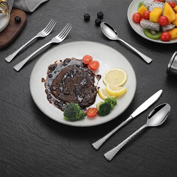 Hammered Silver Silverware Set for 8,Stainless Steel 40-Piece Modern Cutlery Set,Mirror Polished Heavy Duty Flatware Set Utensil Set,Knives Spoons and Forks Set,Dishwasher Safe