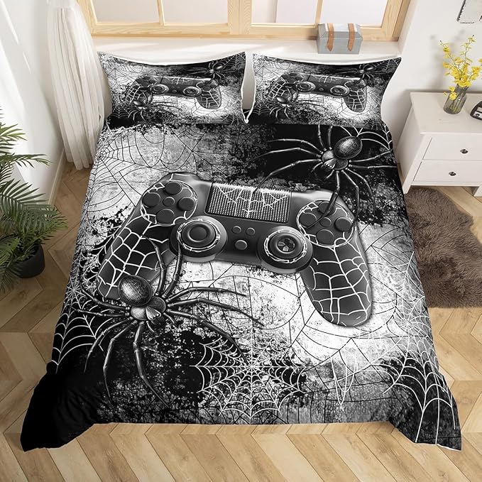Boys Gamer Gamepad Duvet Cover Set Twin Size Kids Teen Man Gaming Theme Bedding Sets 2 Pcs for Room Decor, Fashion Spider Halloween Comforter Cover with 1 Pillowcase (No Comforter) Black Grey