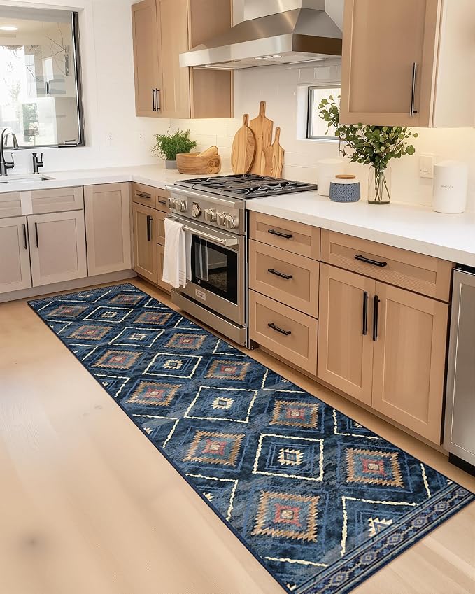 Area Rug 2x8 Rug Machine Washable Non-Slip Low Pile Print Pattern Western Rug for Living Room Bedroom Entryway Tribal Series -Darkblue