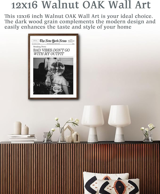EcoHest Trendy Newspaper Magazine Framed Wall Art, 12x16 in Walnut Color OAK Wood Bad Vibes Don't Go With My Outfit Disco Bar Canvas Wall Art, Preppy Retro Decor For Bedroom Living Room 1Pack